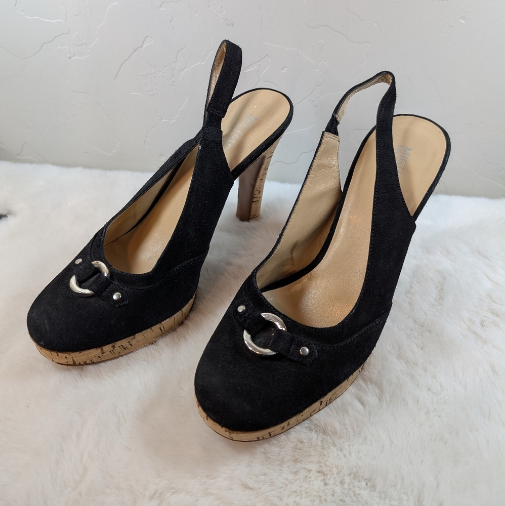 Michael Kors Black Suede Cork Platform Heels – Size 9M | Slingback High Heels